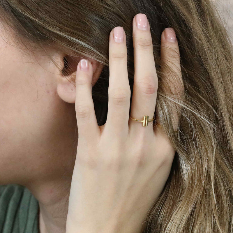 Model Wearing Elegant Modern Two Bar Stacker Solid Gold Ring BY Jewelry Lane
