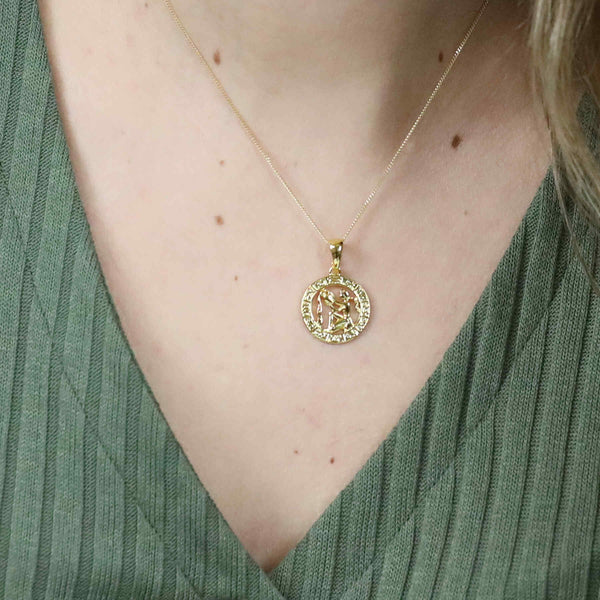 Model Wearing Beautiful Zodiac Virgo Solid Gold Pendant By Jewelry Lane