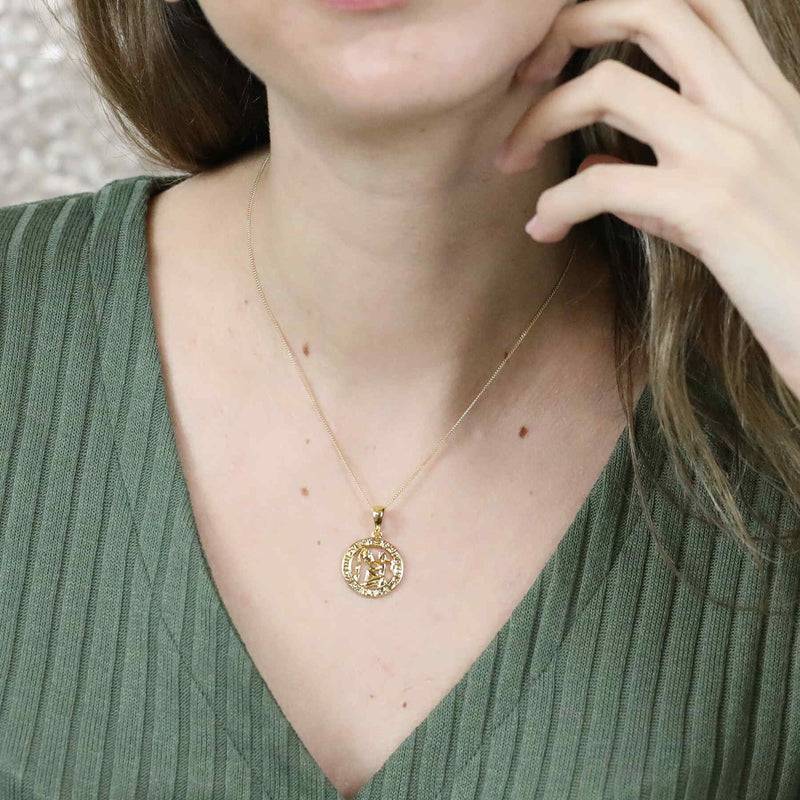 Model Wearing Beautiful Zodiac Virgo Solid Gold Pendant By Jewelry Lane