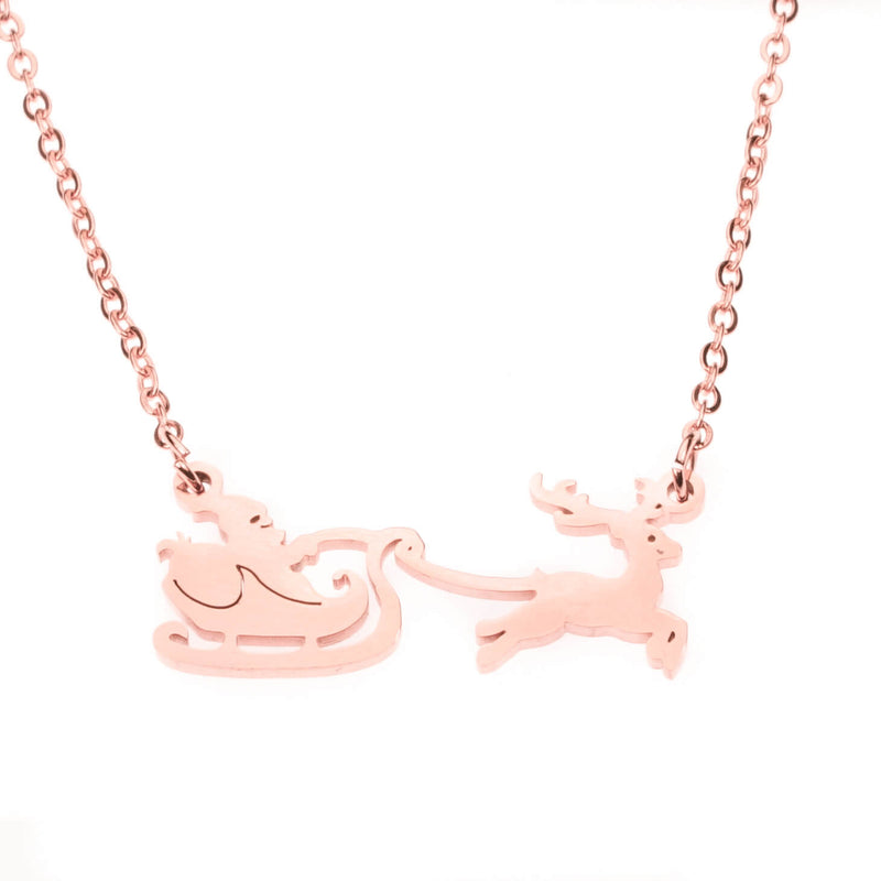 Beautiful Classic Santa Reindeer Solid Rose Gold Necklace By Jewelry Lane
