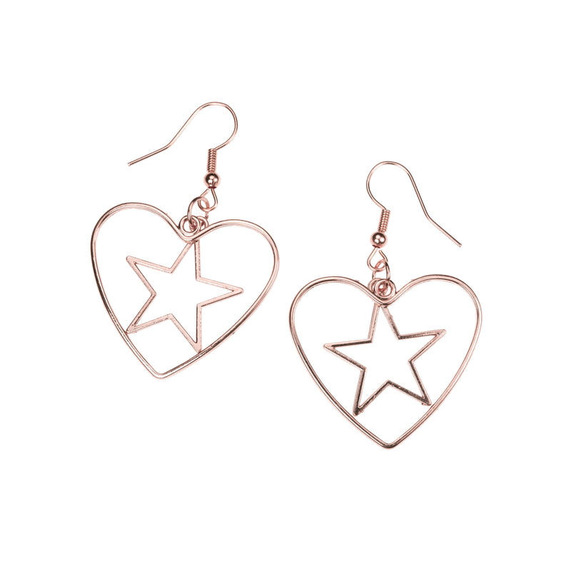 Beautiful Classic Star In Heart Drop Solid Rose Gold Earrings By Jewelry Lane