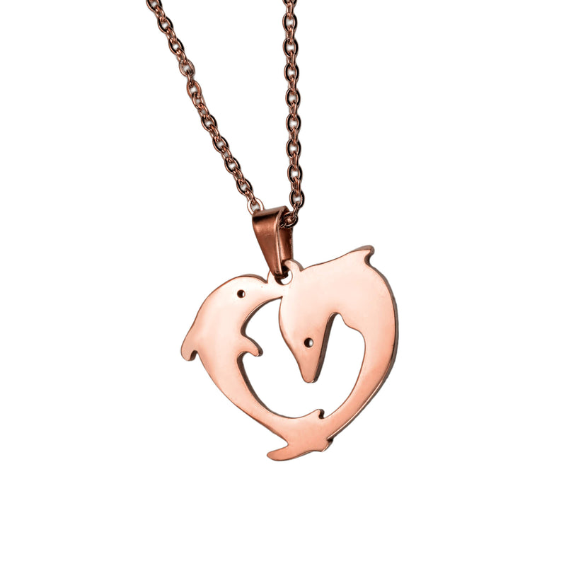 Elegant Twin Dolphin Heart Solid Rose Gold Pendant By Jewelry Lane