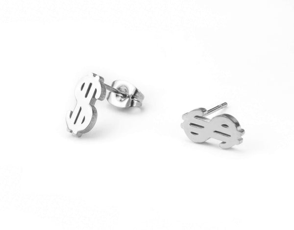 Beautiful Unique Dollar Sign Solid White Gold Stud Earrings By Jewelry Lane
