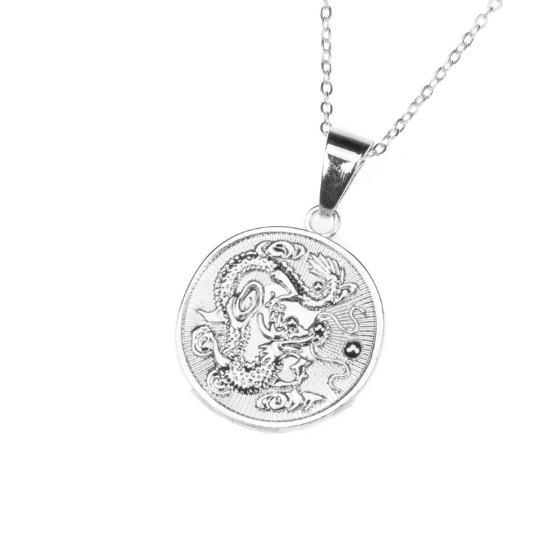 Beautiful Round Dragon Coin Solid White Gold Pendant By Jewelry Lane