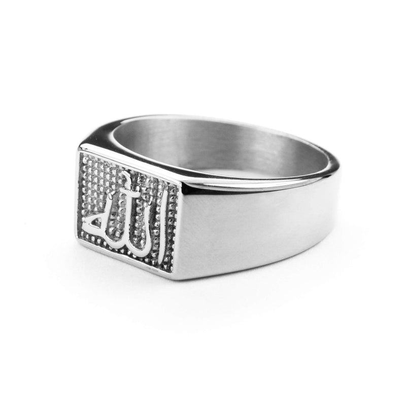 Elegant Religious Allah Embellished Flat Top Solid White Gold Ring By Jewelry Lane