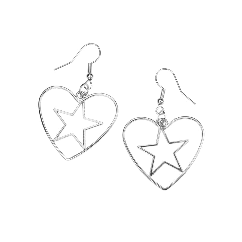 Beautiful Classic Star In Heart Drop Solid White Gold Earrings By Jewelry Lane