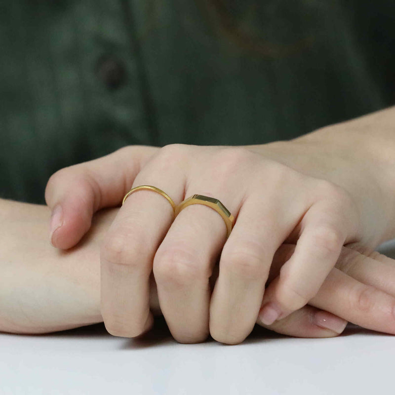 Model Wearing Beautiful Unique Modern Bolt Design Solid Gold Ring By Jewelry Lane